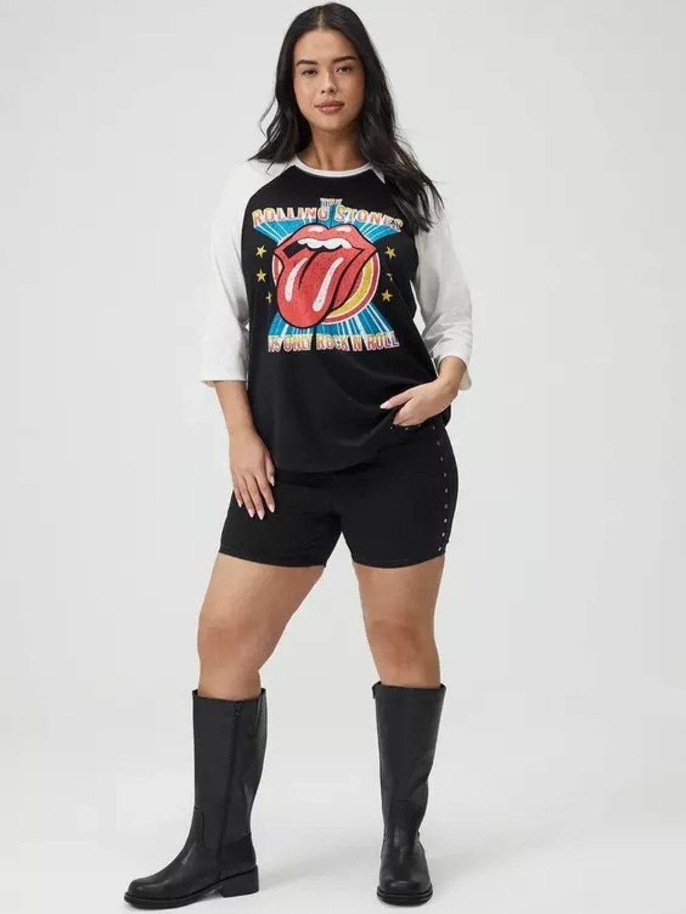 NWOT TORRID 1x Black and White Rolling Stones Raglan 3/4 Tee